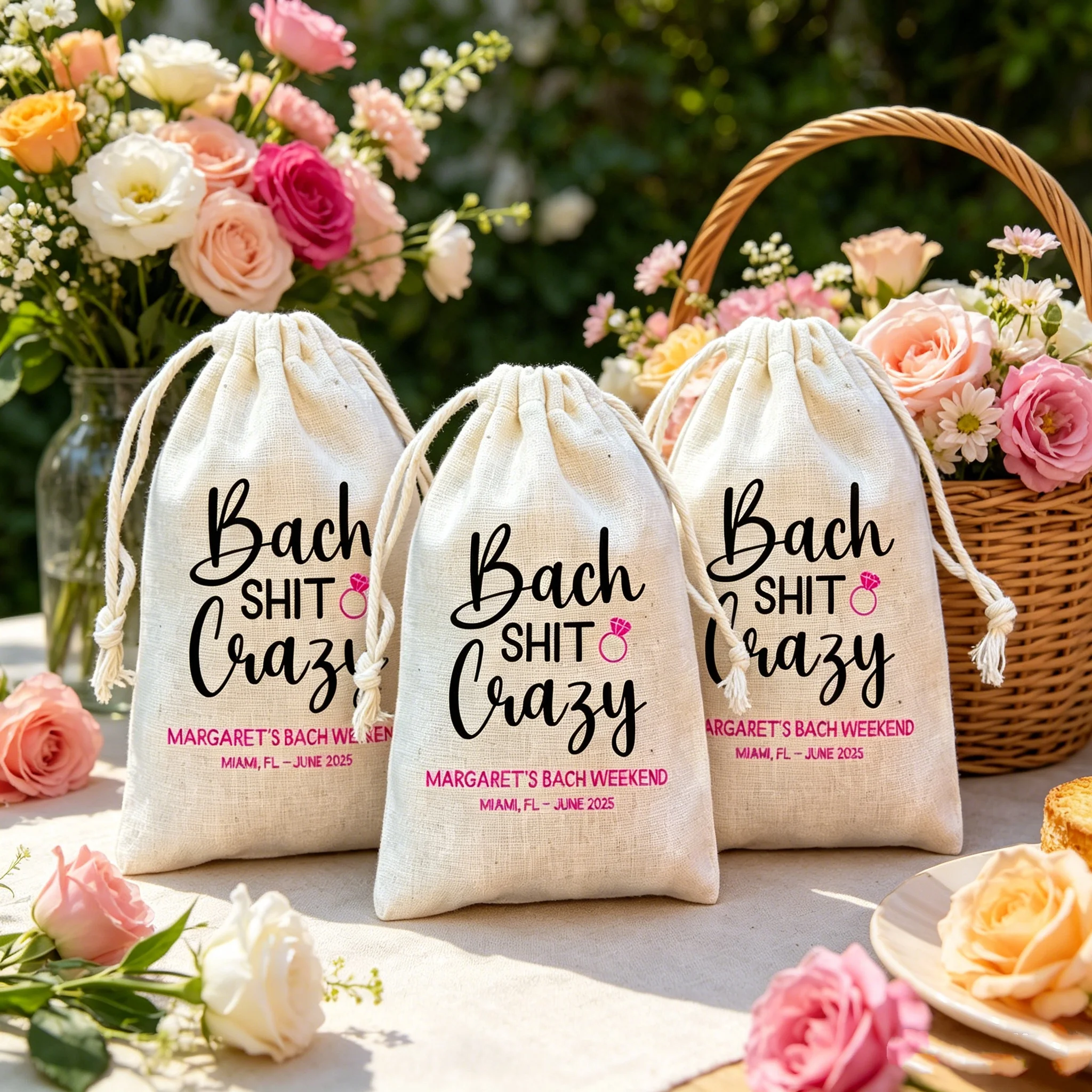 20pcs Personalized Bach Shit Crazy Diamond Ring Cotton Drawstring Hangover Survival Kit Favor Bags Custom Name Location Date Bac