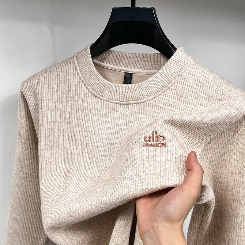 

Designer Original Men's Fleece-Lined Thickened Ribbed Crew Neck Sweatshirt Warm Anti Pilling Long Sleeve Casual Autumn Winter