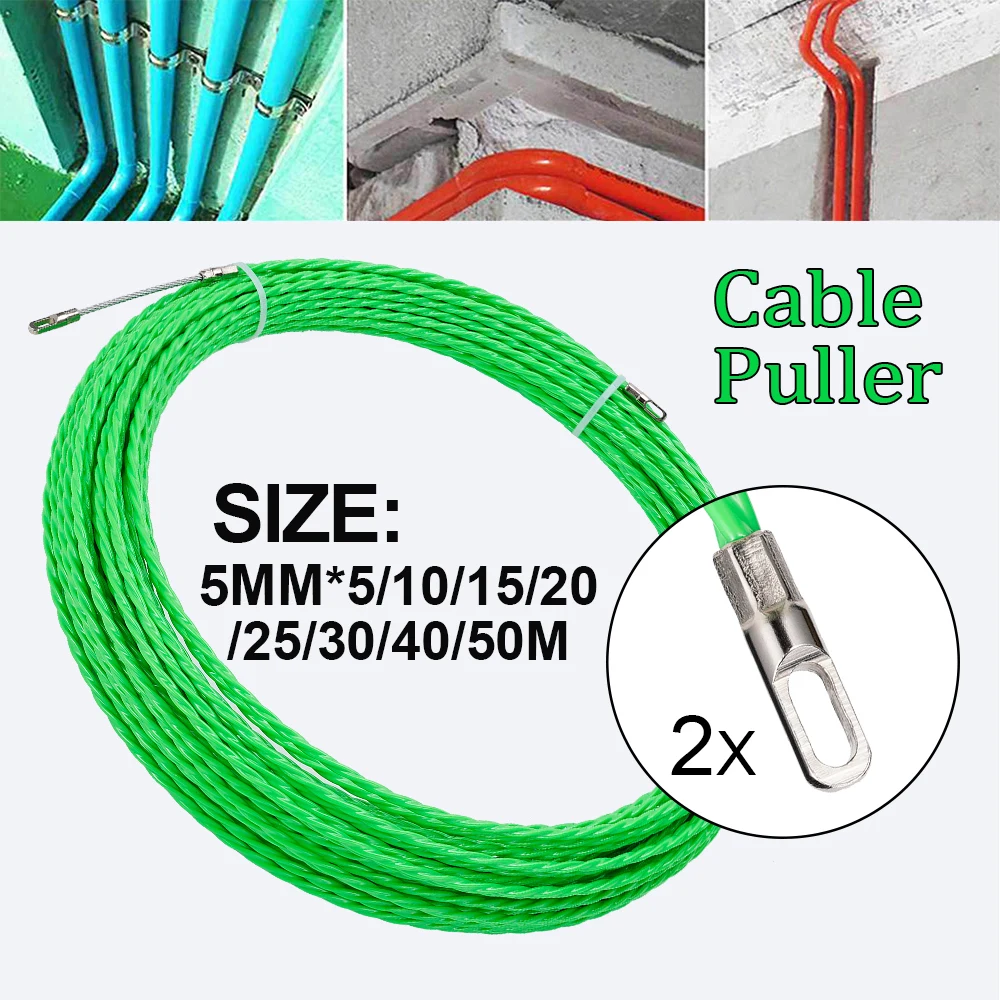 Extractor de Cable verde, carrete de correa, fibra de vidrio para telecomunicaciones, accesorios de herramientas de conducto de Cable de pared eléctrico, 5MM, 10-50M