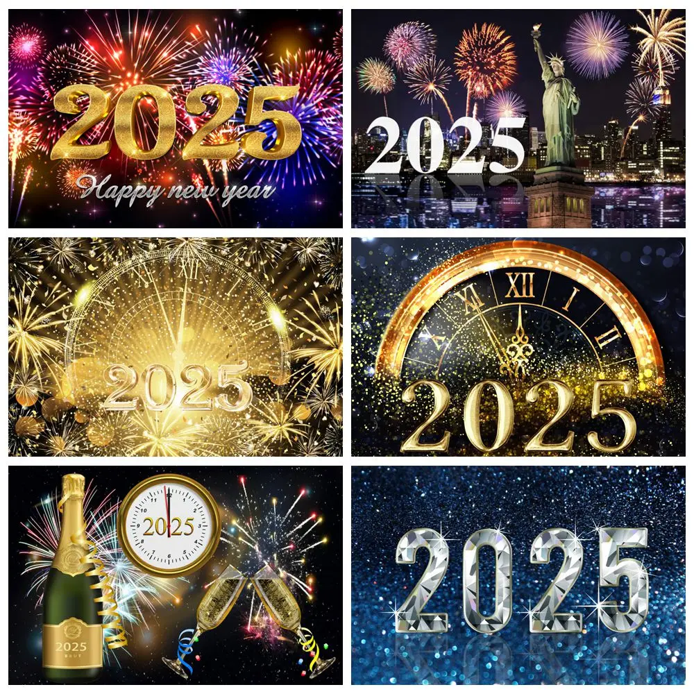 

Happy New Year Photography Backdrop Fireworks Clock Glitters Family Portrait Photo Background Decor Banner Photostudio Props