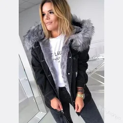 Chaquetas de mezclilla para mujer, abrigo grueso y cálido con capucha, Cuello de piel, abrigos informales de manga larga con una hilera de botones, punto abierto, Otoño Invierno