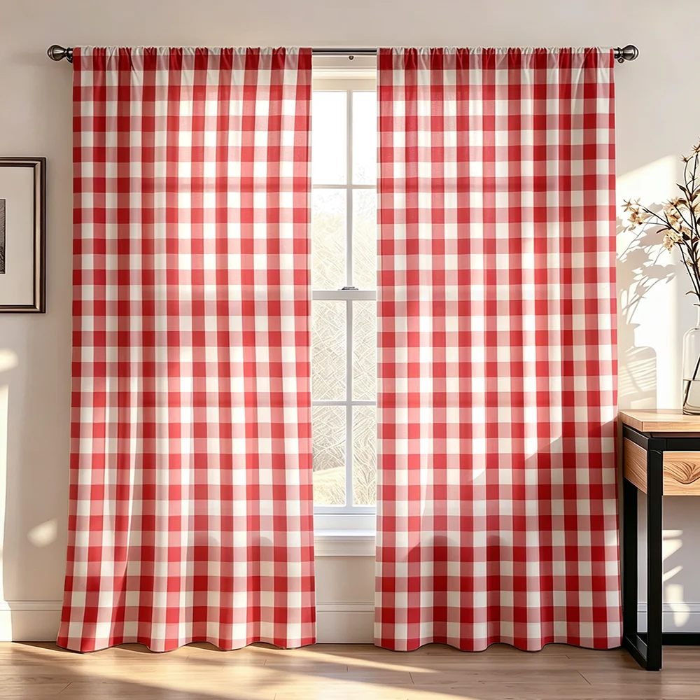 2PCS Classic Red White Gingham Print Curtains, Bedroom Living Room Window Drapes, Rod Pocket Polyester, Home Decoration