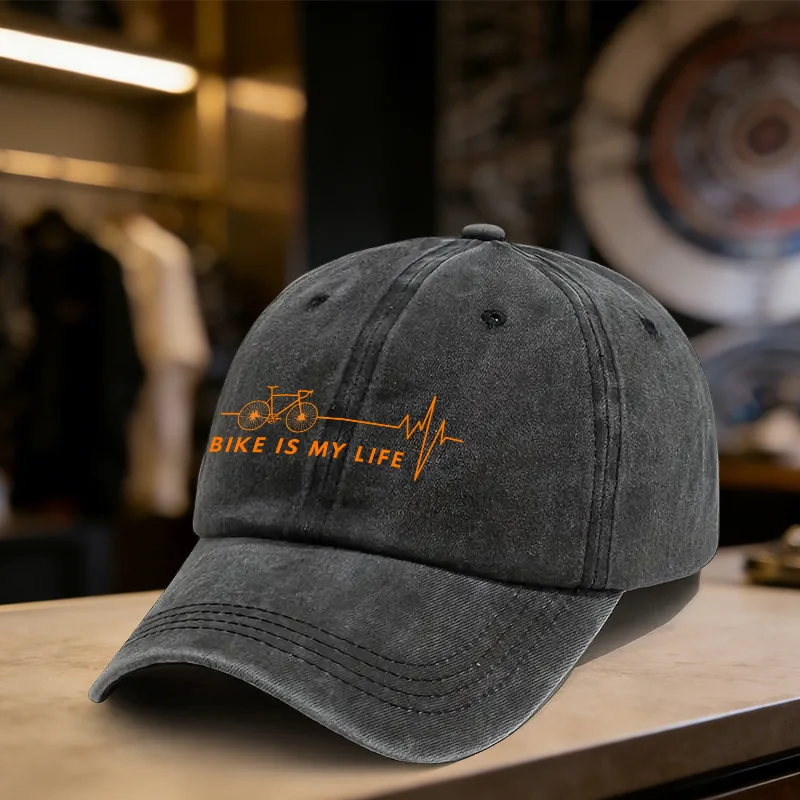 Bike Is My Life Graphic Distressed Baseball Cap Unisex Adjustable Cotton Sun Hat for Cycling Enthusiasts