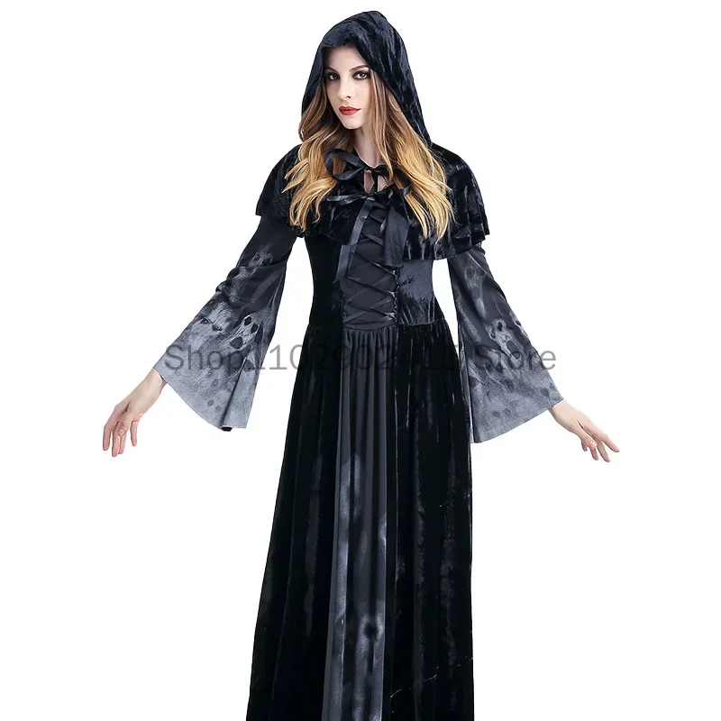 Mantello di velluto di Halloween da donna Costume cosplay medievale Fantasma nero Bambini adulti Abito con cappuccio Mantello da mago Wicca gotico Mantello da vampiro