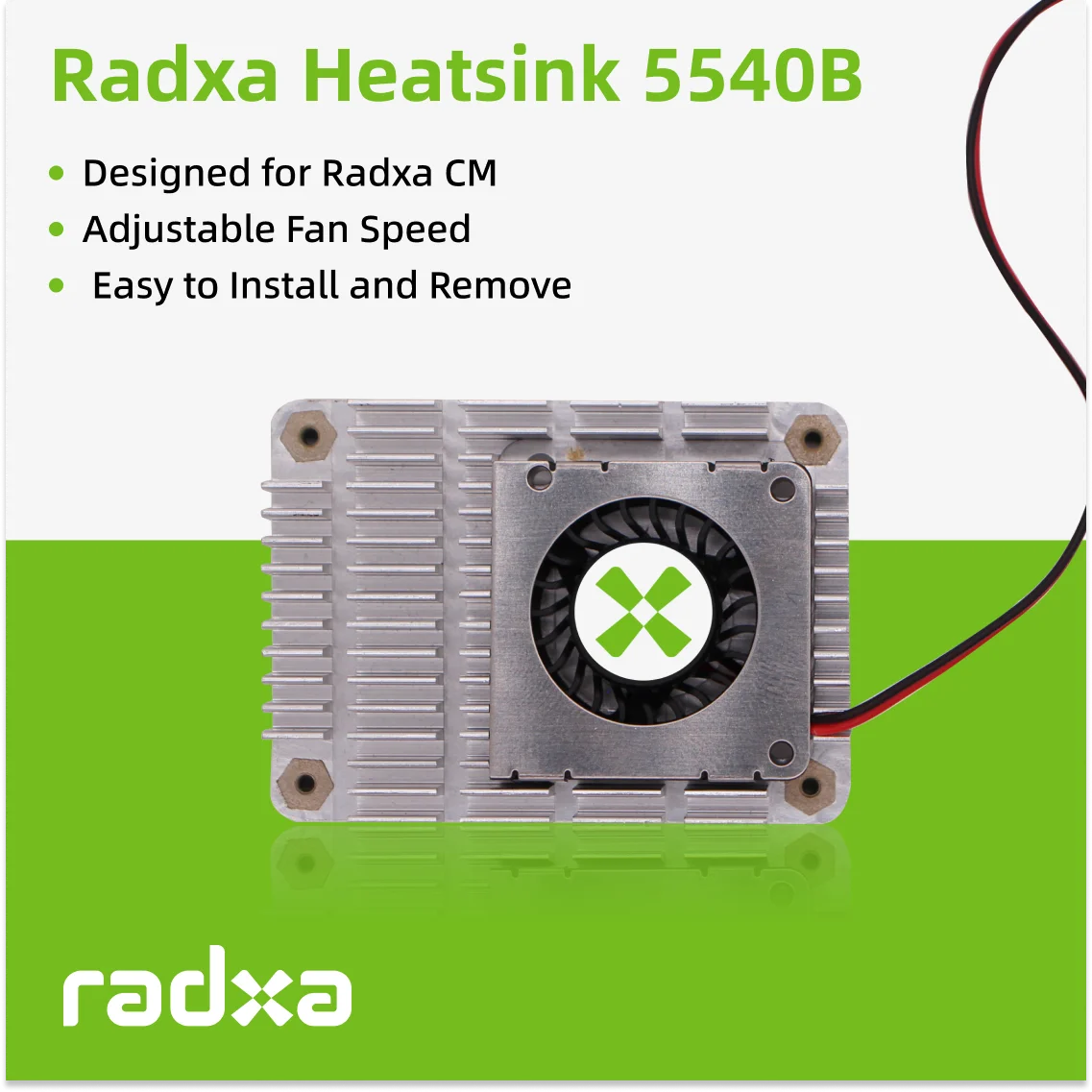 Radxa Heatsink 5540B, dirancang untuk Radxa CM, kecepatan kipas yang dapat disesuaikan, mudah dipasang dan dilepaskan.