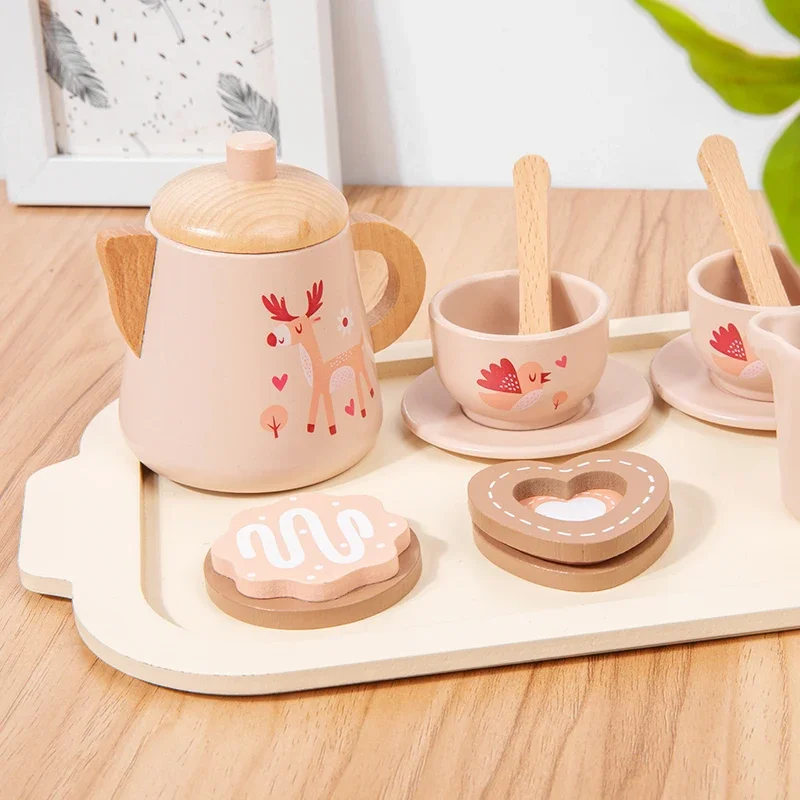 Simulación de madera para niños, té de la tarde, postre, tetera, vajilla, juego de té de cocina, juguetes para jugar