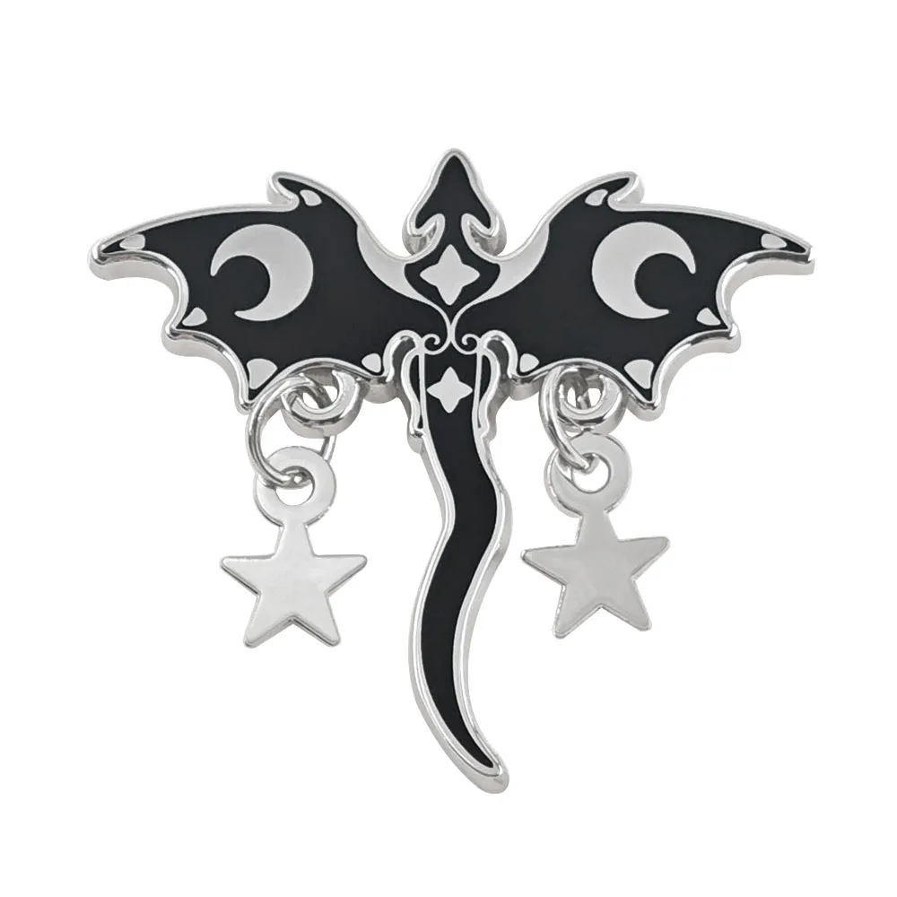 Gotische schwarze Drachen-Emaille-Pins, baumelnde Stern- und Halbmond-Broschen, Hexen-Mythische Hängeketten-Reversnadeln, coole Schmuckgeschenke – Detail 1