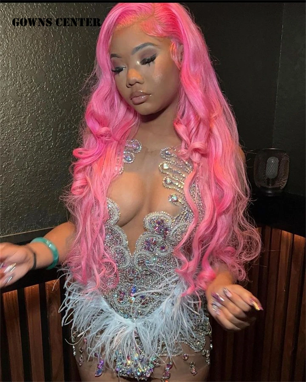 Sliver And Pink Crystals Beading Feathers Prom Dress See Thru Black Girls Birthday Dresses African Mermaid Exquisite Handmade