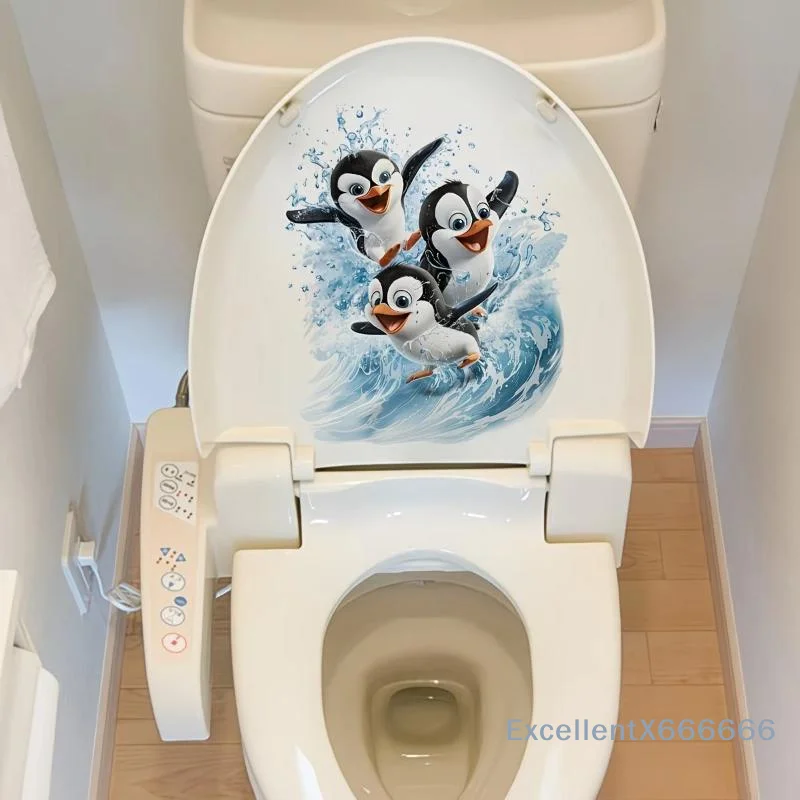 Cute Swimming Penguin Toilet Sticker Waterproof Bathroom Wall Sticker Self-Adhesive Removable Decals Home Decor