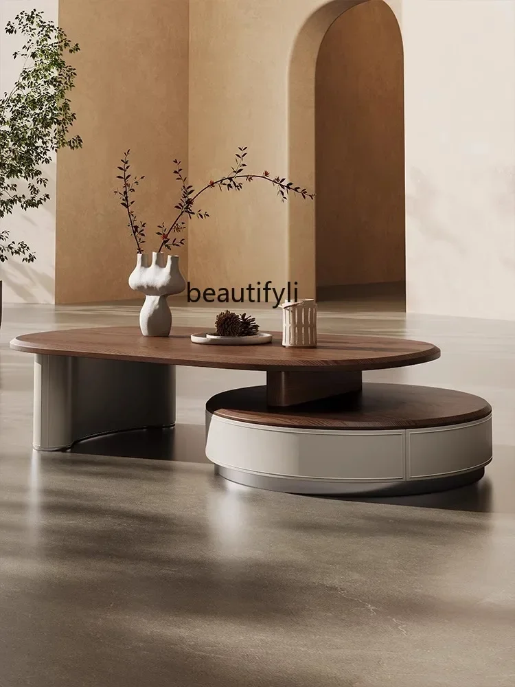 

Oval solid wood telescopic coffee table living room home saddle leather design