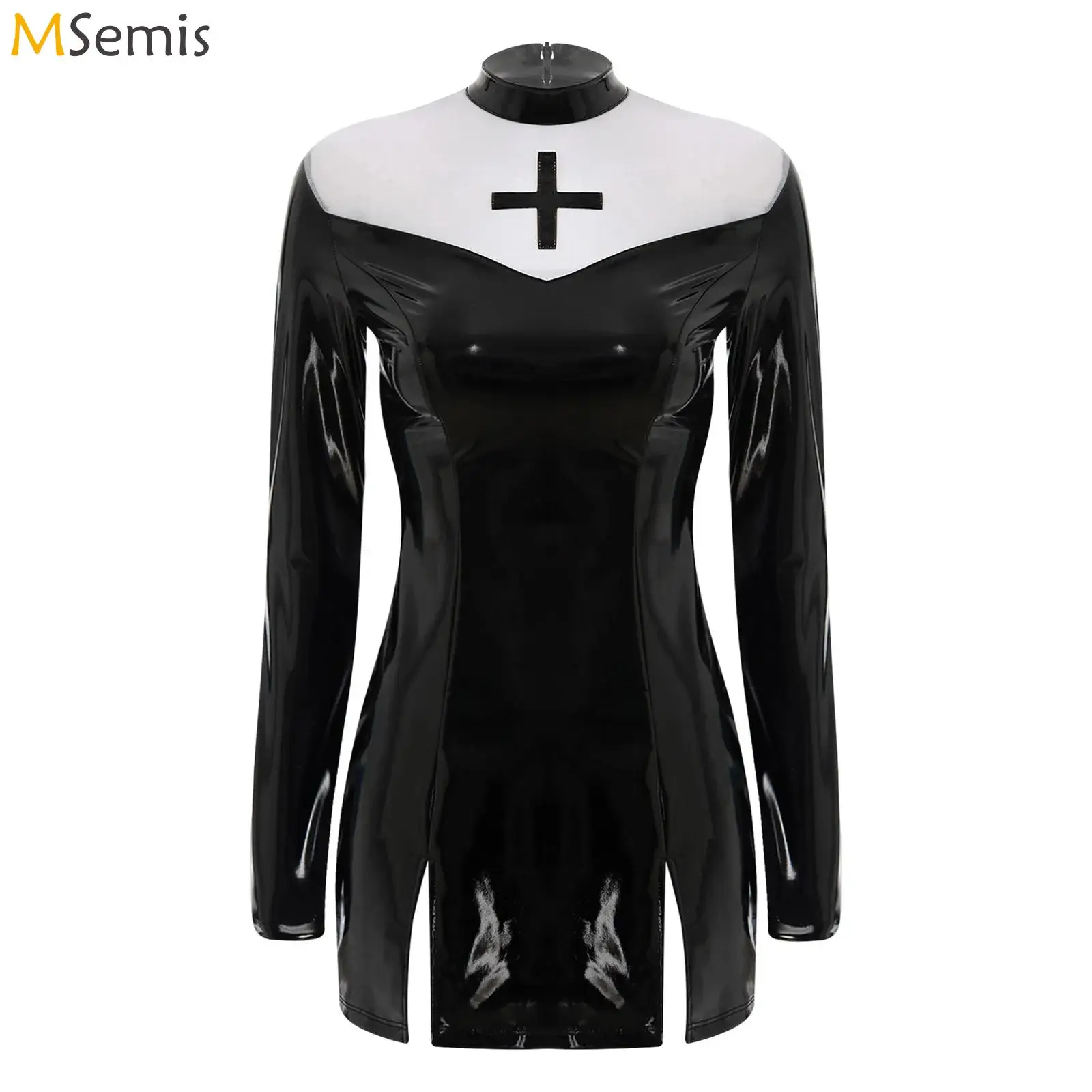 

Women Nun Sister Costume Faux Leather PU Long Sleeve Mini Dress Halloween Religious Catholic Priest Cosplay Outfits Fancy Dress