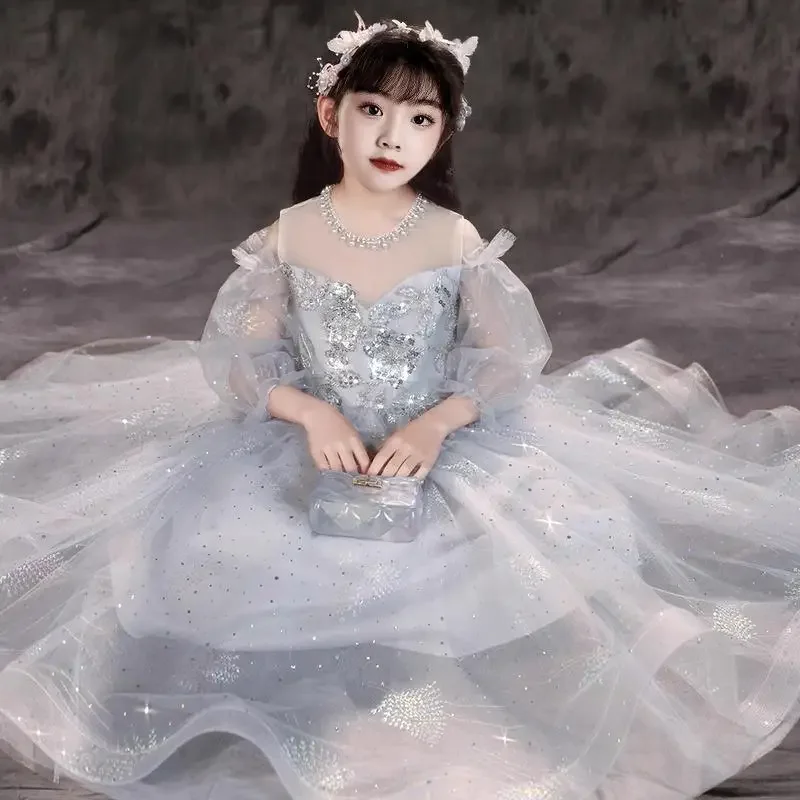 Elegant Girls Sequin Dress Children's Tulle Princess Dresses Girl Ball Gown High Quality Performance Costume for Children