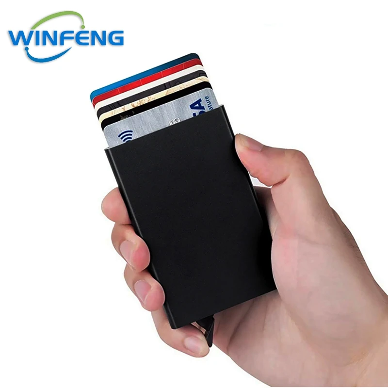 Slim Aluminum Wallet ID Credit Card Holder With Elasticity Back Pouch Mini RFID Wallet Automatic Pop up Bank Card Case