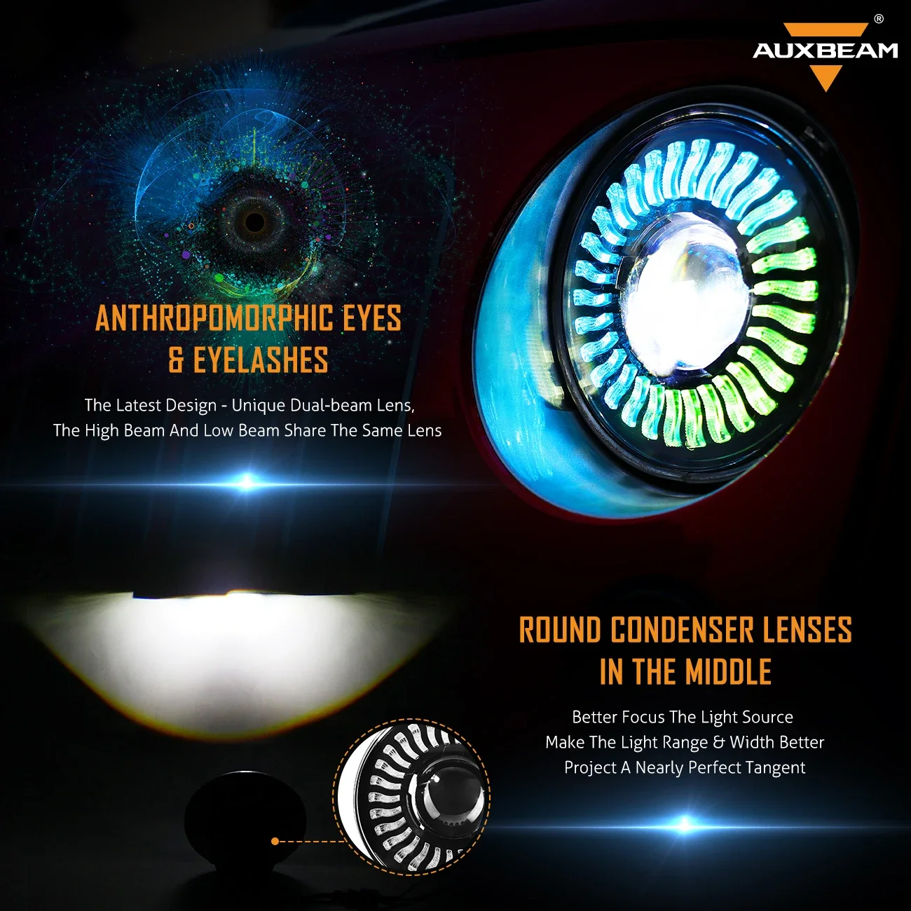 Auxbeam 7inch RGB LED Headlights Bluetooth Controll High Low Beam Round LED Halo DRL for Jeep Wrangler JK TJ LJ 1997-2018