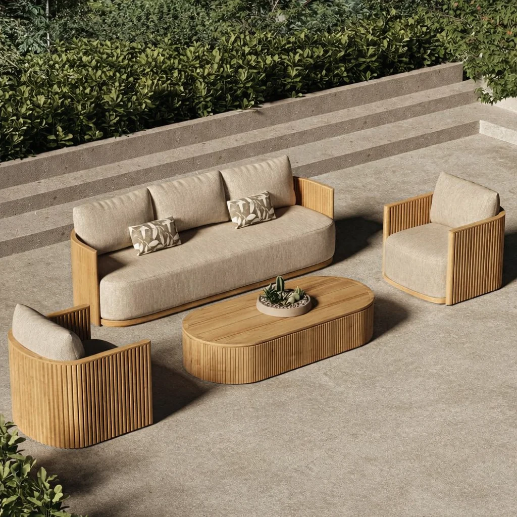 Luxury Garden Sofa Set Hotel Modern Outdoor Sofas L-shaped Wood Couch Sofa Teak Patio Furniture Waterproof Sunproof Garden Set