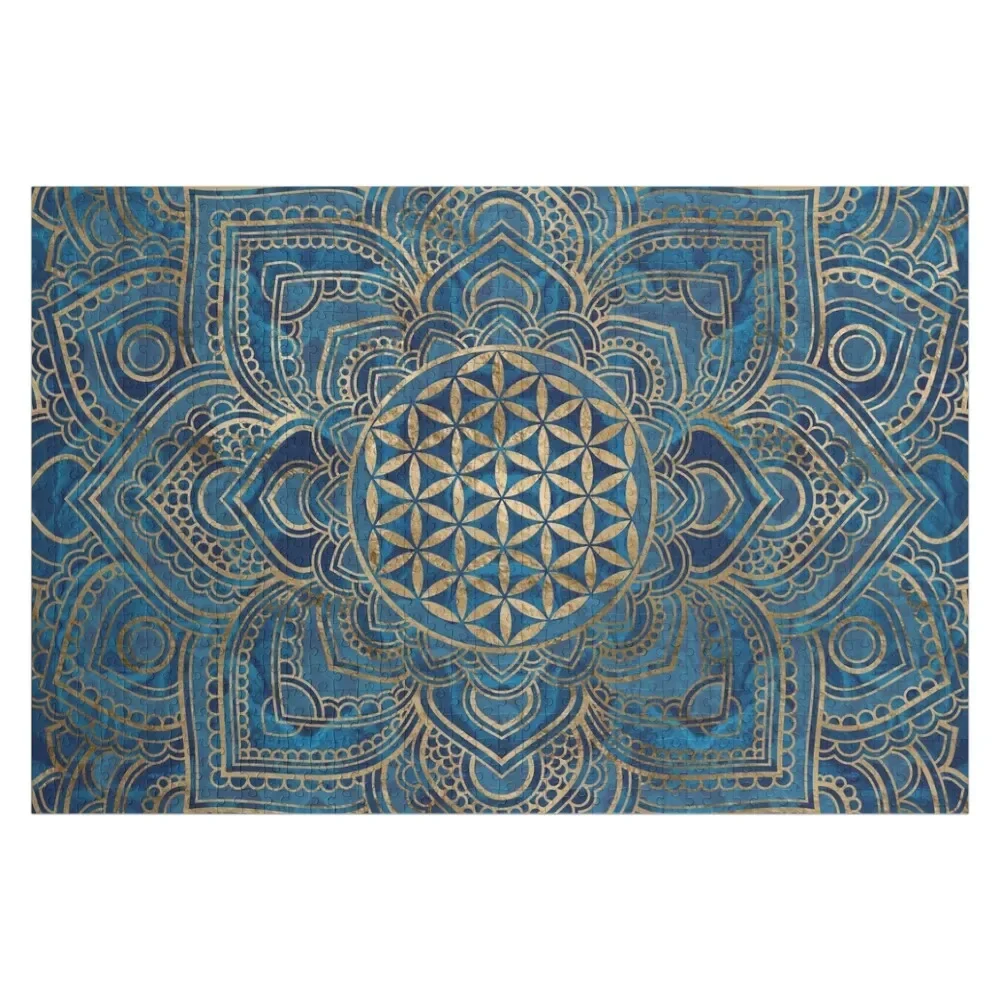 

Flower of Life in Lotus Mandala - Blue Marble and Gold Jigsaw Puzzle With Personalized Photo Personalized For Kids Puzzle