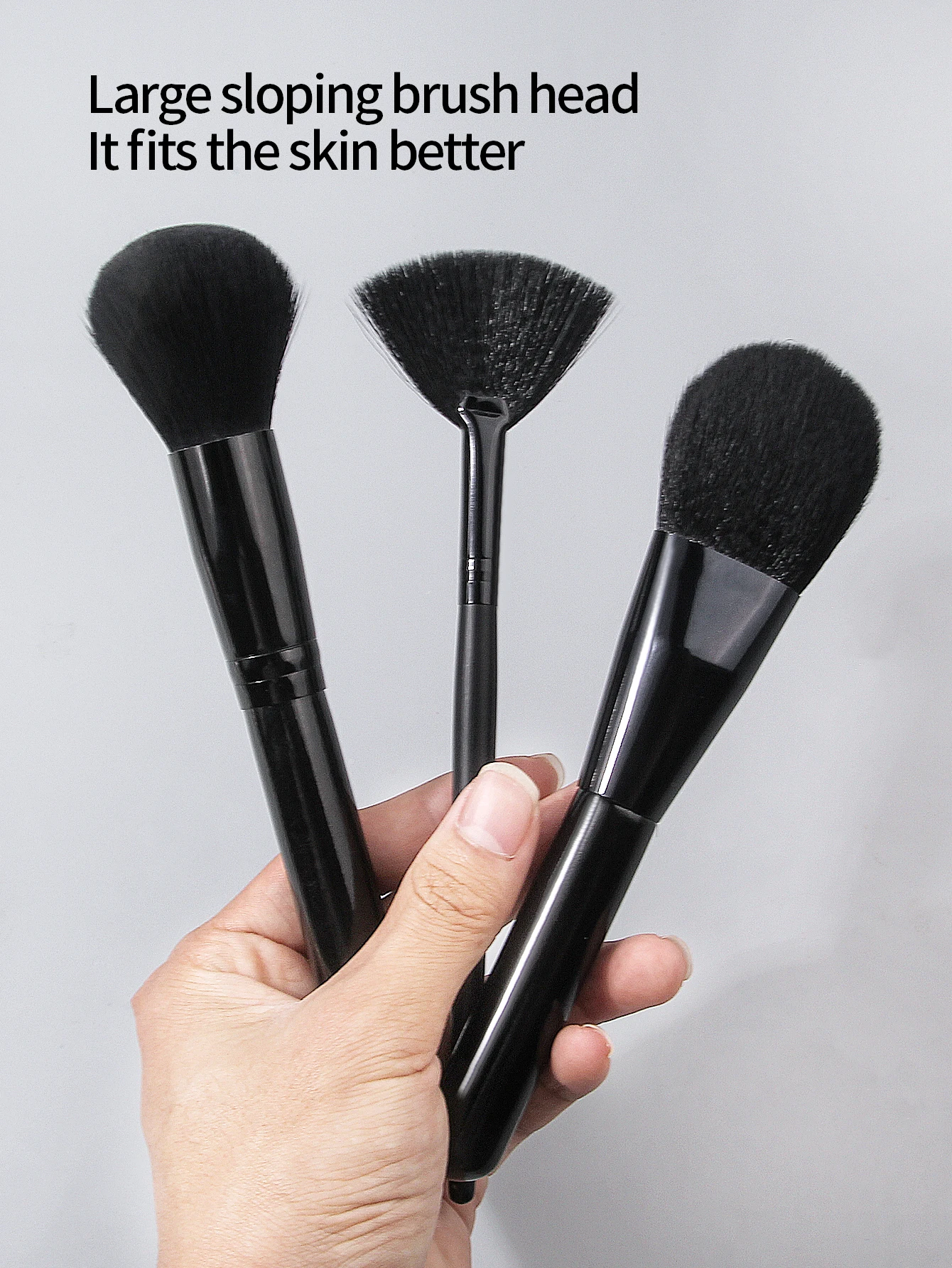 Pennello per fard morbido tutto nero da 3 pezzi, pennello per cipria, pennello a forma di ventaglio, pennello per trucco viso multifunzionale, strumento di bellezza