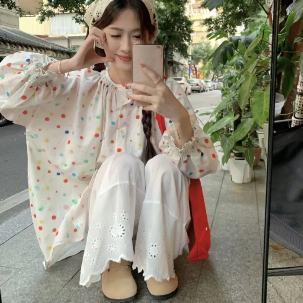 

Fashion Sweet Colorful Dots Blouse Ins Loose Long Sleeve Shirt Thin Spring Autumn Button Shirt Women Streetwear