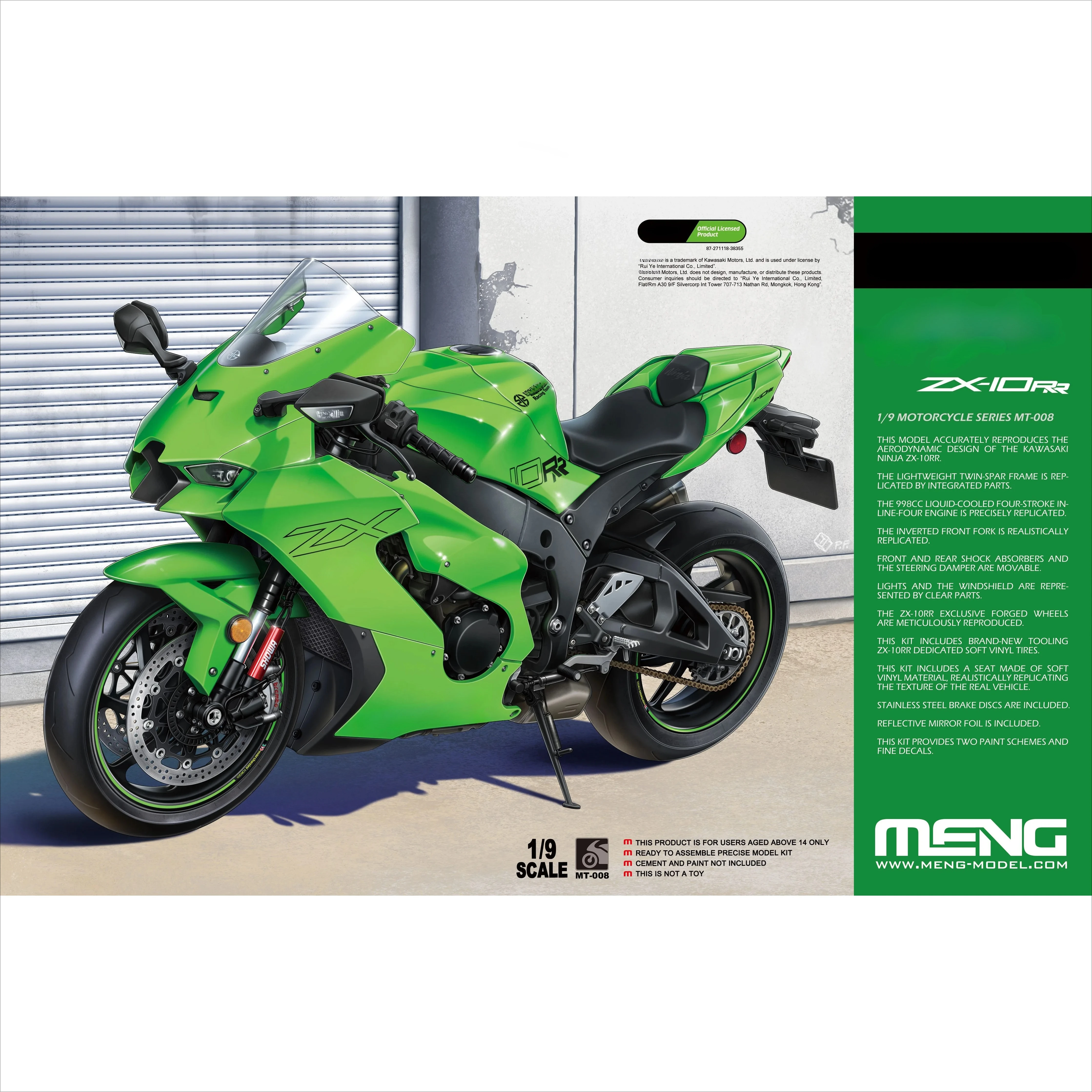 

MENG MT-008 1/9 ZX-10RR собранный мотоцикл, набор масштабной модели, игрушка «сделай сам»