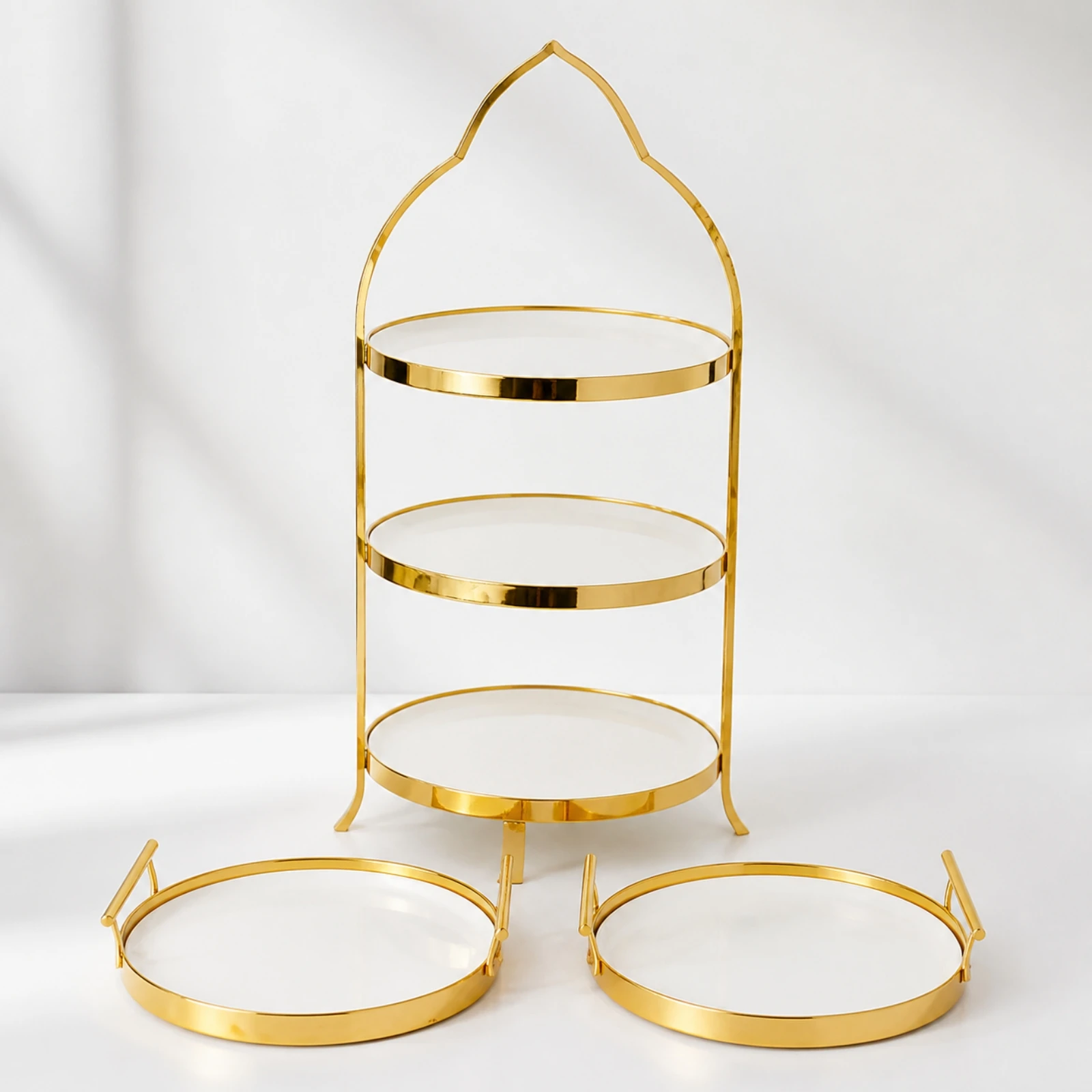 Ceramic Dessert Display with Gold Metal Frame Elegant Ceramic Serving Display with Handled Trays Sturdy Stable for Afternoon Tea