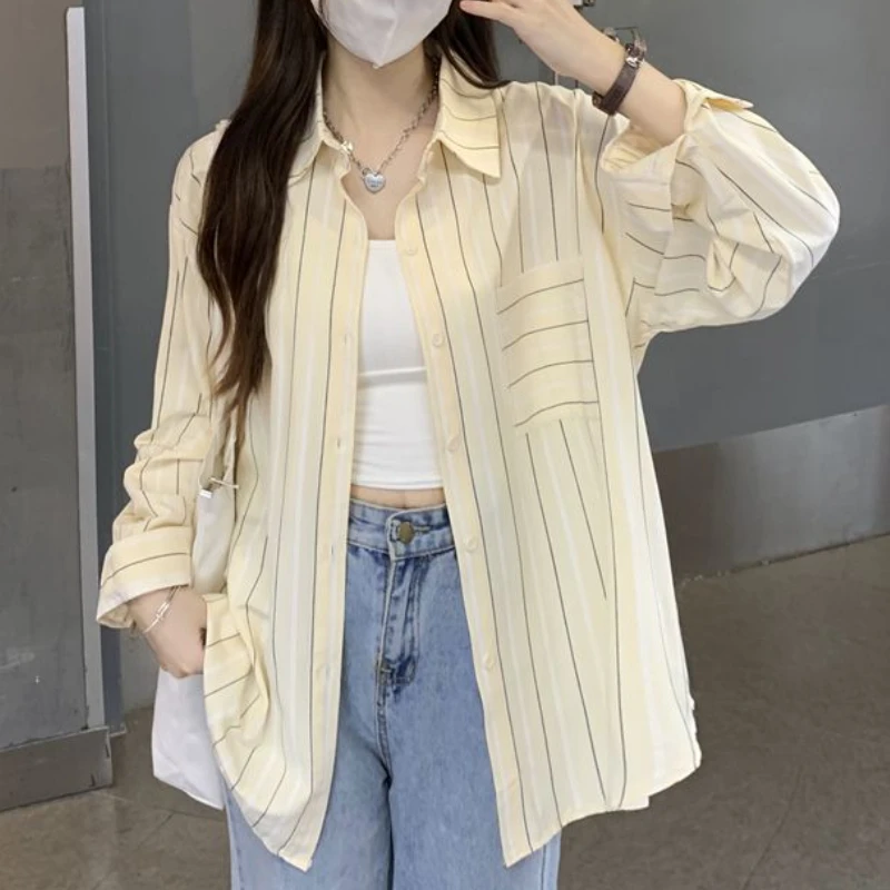 Shirts Women Simple Striped Leisure Autumn All-match Sun-proof Tender Loose Design Turn-down Collar Fashion Korean Style Elegant