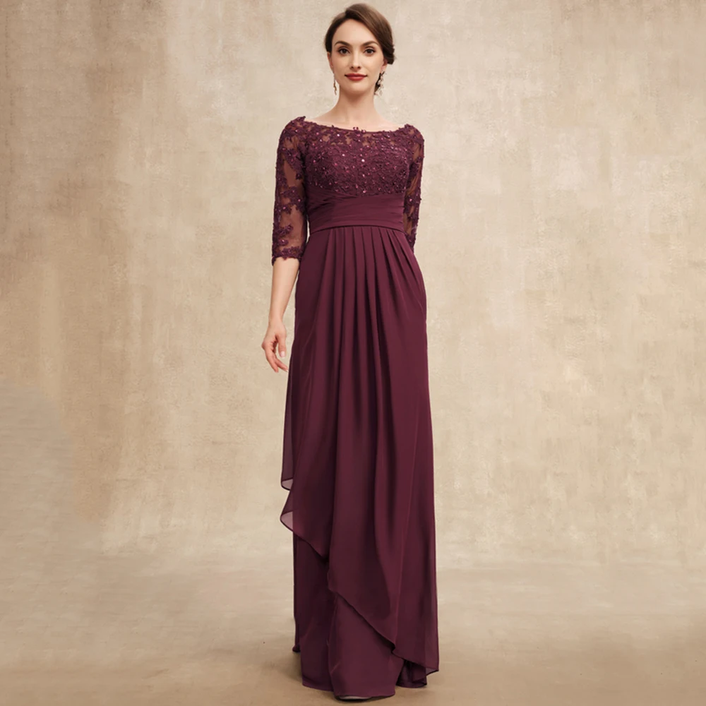 Scoop Neck Breite taille Burgund Mutter Der Braut Kleider Halb Hülse Spitze Appliques Pailletten Chiffon Lange Hochzeit Prom kleid