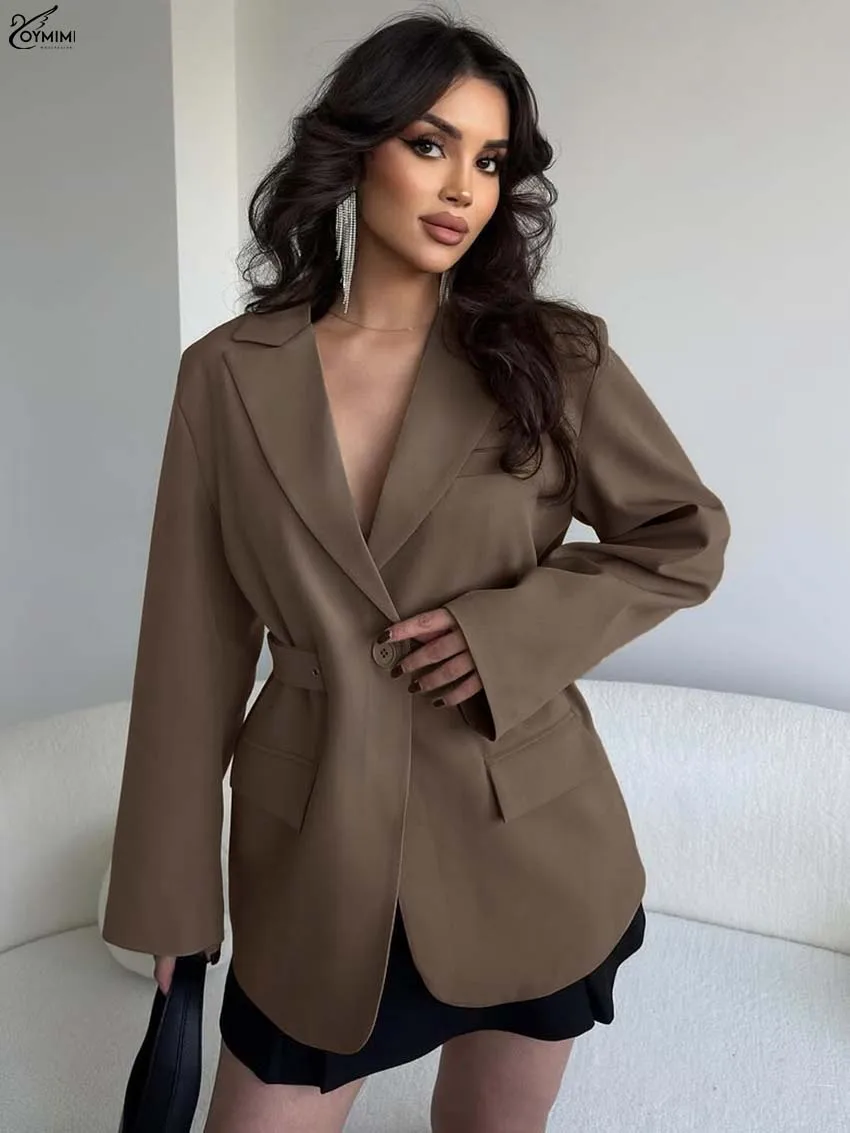 Oymimi Elegant Brown Lapel Woman Blouses Fashion Long Sleeve Single Button Pockets Blouses Autumn New Solid Sashes Shirts Female