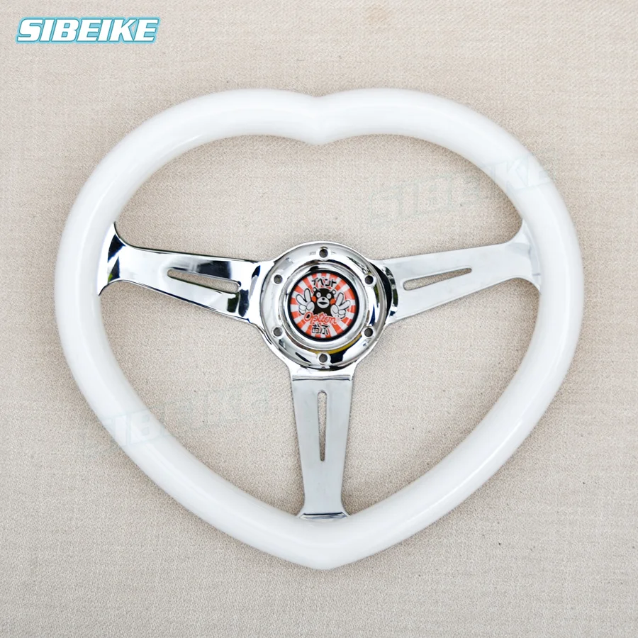 JDM White Heart Shaped Steering Wheel ABS Grip White Steel Chrome 3-Spoke Cute Anime Horn Button Steering Wheel