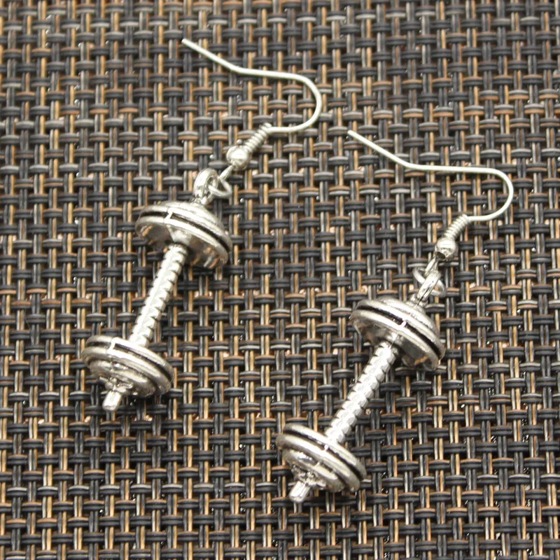 New Fashion Handmade Fitness Equipment Dumbbell Disc Pendants Silver Color Earrings For Womens Style