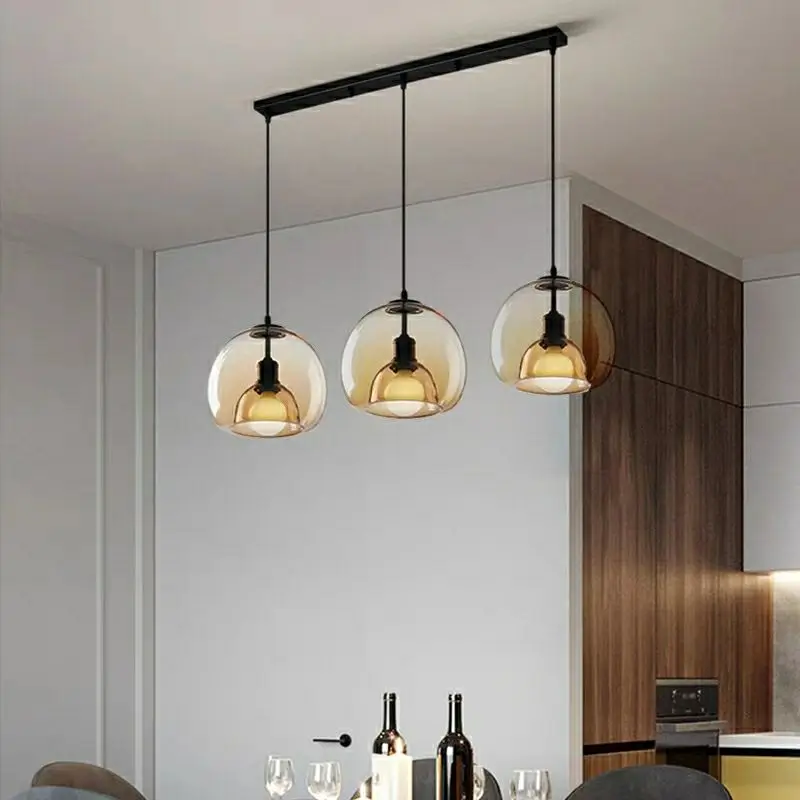 Industrial 3 Lights Dining Table LED Pendant Lamps Smoke Gray Amber Glass Ceiling Hanging Lamp for Kitchen Island Long Round E27