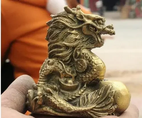 

Folk Chinese Fengshui Brass Yuanbao Money Dragon Play Ball Lucky Statue