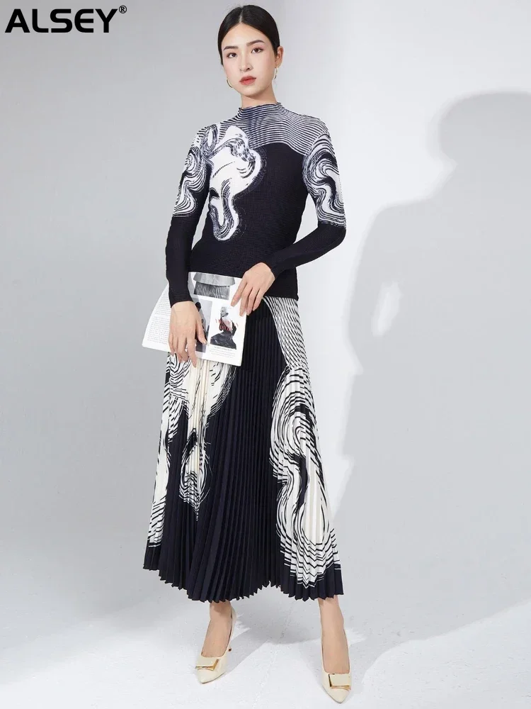 

ALSEY Miyake Pleated Two Piece Skirt Set Printing Half High Collar Long Sleeved Top and Casual Folds Skirts Elegant Sets