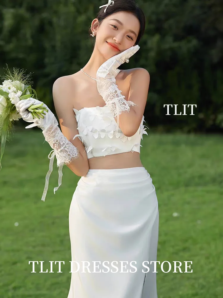 TLIT Elegant Silk Satin Two-Pieces Wedding Dresses 웨딩드레스 Appliques Butterfliers Korea Wedding Dress Photos Shoot Customized