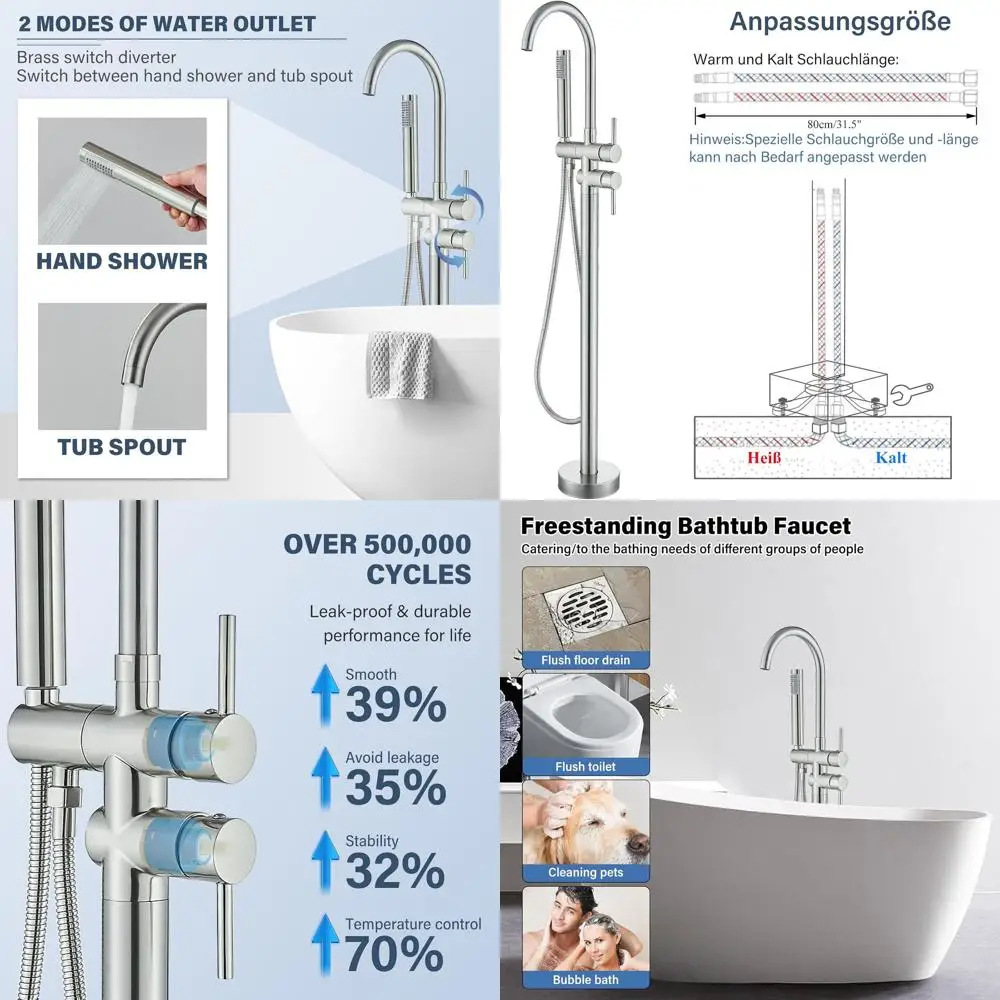 

Floor-Mounted Bathtub Faucet with High Flow and Swivel Spout in Brushed Nickel, Includes Handheld Shower Mixer