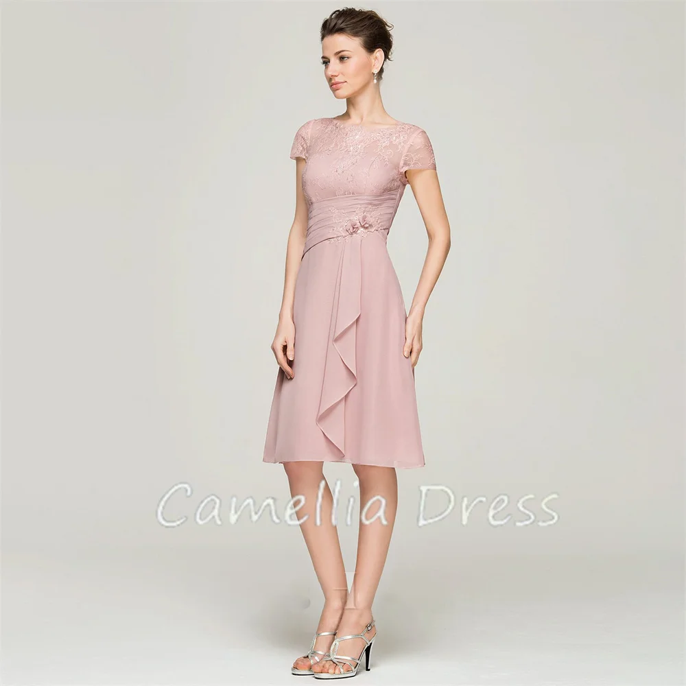 New Scoop Neck Mother Of The Bride Dress A-line Knee-Length Chiffon Formal Dresses Beading Vestidos Mae Da Noiva Casamentos