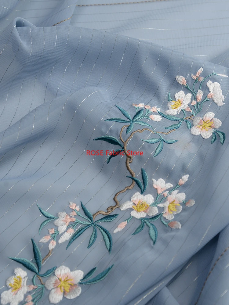

Blue Flower Silver thread Embroidered Chiffon Fabric For Shirt, Summer Dress, Designer Fabric, Dress Show, Beach Dress