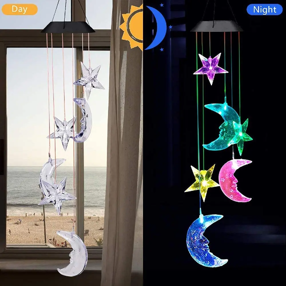 Solar Powered Night Fairytale Starlight Garden Decorative Day Wind Chime Lights with Colorful Moon and Stars - DC 1.2V Input