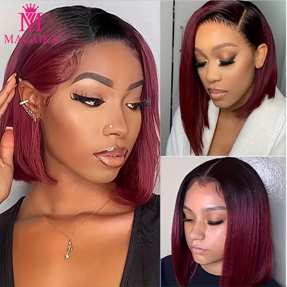 Ombre 1BT99J Bourgogne Brésilien Ultraviolet 100% Cheveux Humains, 13x4 HD Lace Frmetals Perruques Sans Colle, Court Droite Bob Perruques pour Femmes Noires