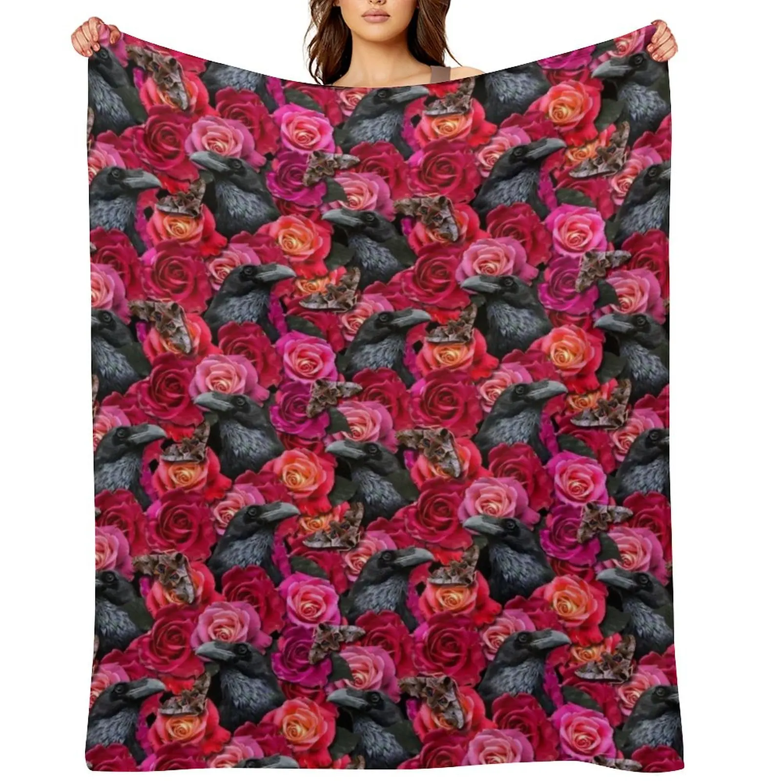 

Raven Evermore with Roses and Hawkmoths Gothic Pattern by Moose Disco Throw Blanket Custom Sleeping Bag Softest anime Blankets