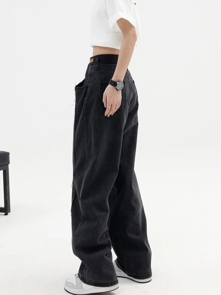 QWEEK Baggy Vintage Jeans Women Y2k High Waist Harajuku Black Trousers Streetwear Straight Casual Loose Denim Wide Leg Pants