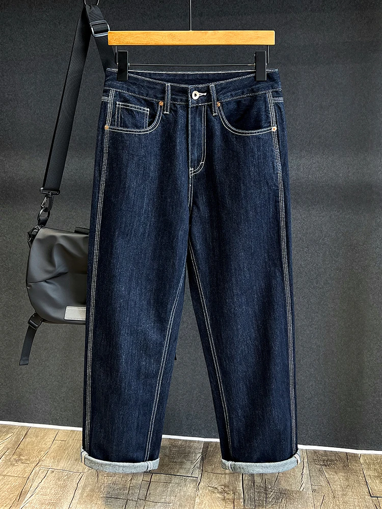 

Мужские темно-синие джинсы в стиле ретро, весенне-осенние прямые джинсовые брюки с вышивкой, повседневные модные простые мужские брюки