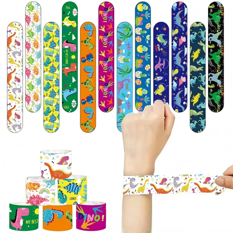 12Pcs Cartoon Dinosaur Slapping Bracelet Circle Toys Jurassic Dino Jungle Party Favors Kids Birthday Gifts Classroom Prizes