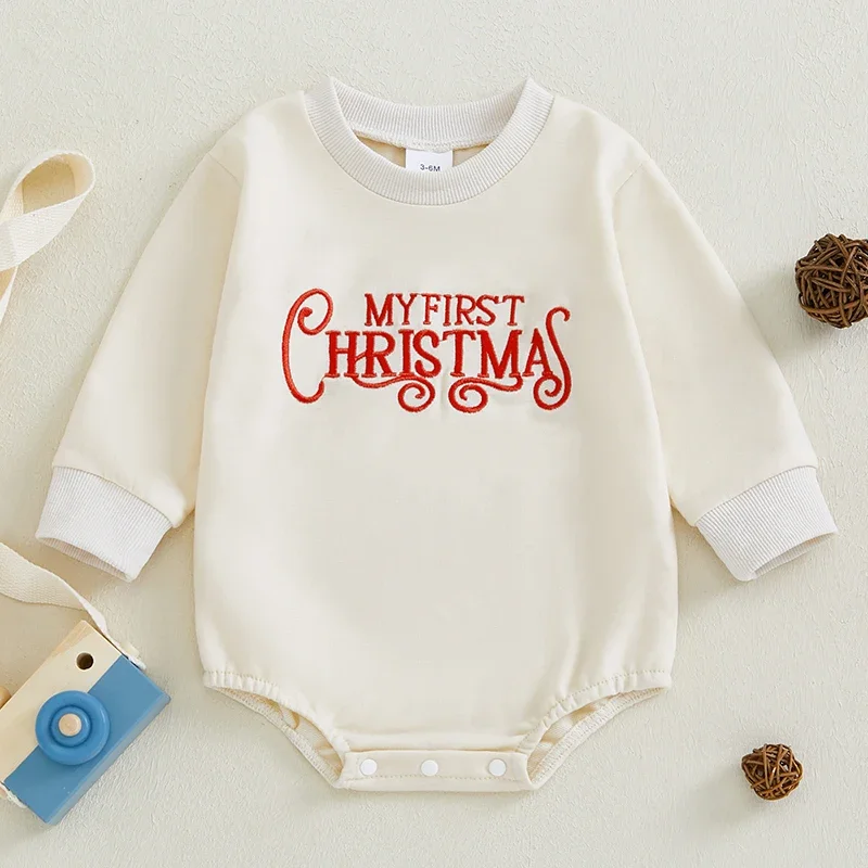 Baby Christmas Bubble Romper Letter Embroidery Long Sleeve Sweatshirt Jumpsuit for Newborn Boys Girls Xmas Clothes