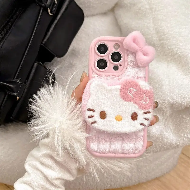 Sanrio HelloKitty Phone Case Cartoon ins Pink Wristband 13 Phone Case iPhone15pro/16 11 Soft Protective Cover Plush 12 Doll Gift