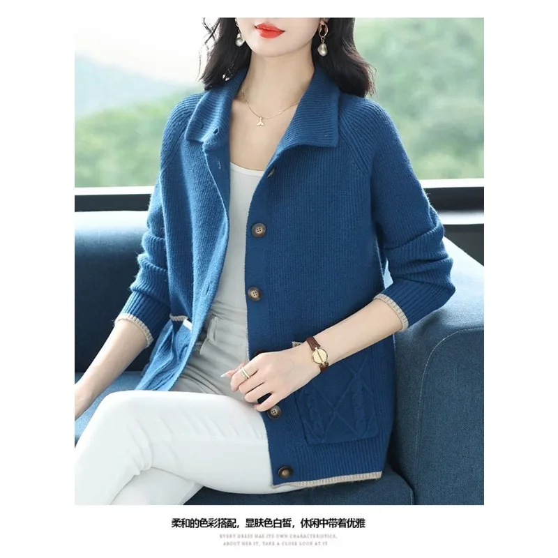 Frauen Neue Gespleißt POLO Kragen Taste Tasche Mode Einfarbig Gestrickte Pullover Lose Top