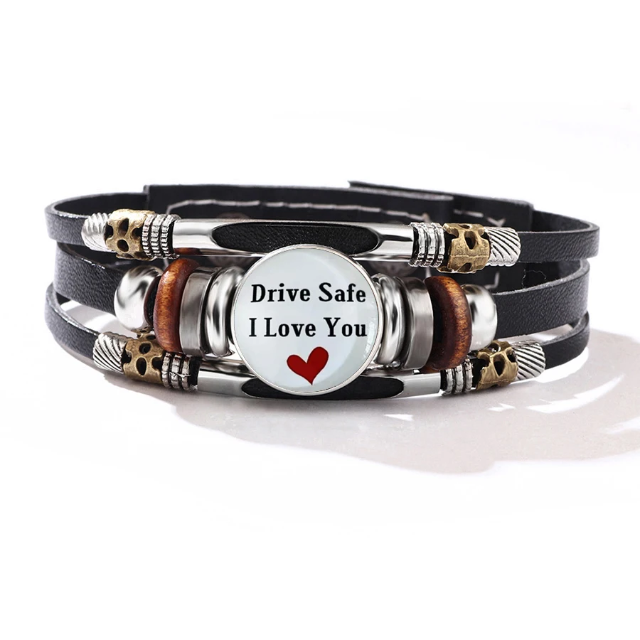 Multilayer Leather Wrap Bracelet Drive Safe I Love You Glass Round Charm Woven Bracelet Sweet Love Reminder Gift