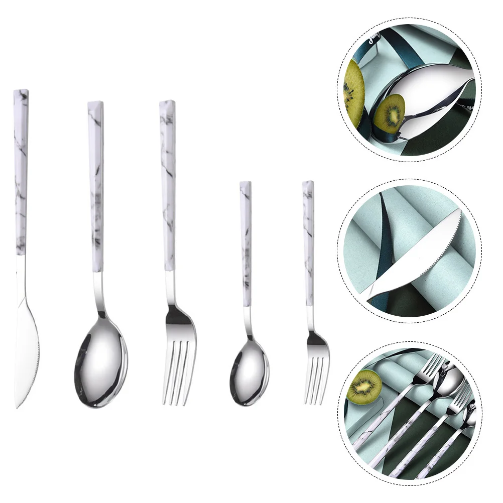 

5Pcs Luxury Stainless Steel Cutlery Set Marble Design Dining Flatware Knives Forks Spoons Stainless Steel Tableware