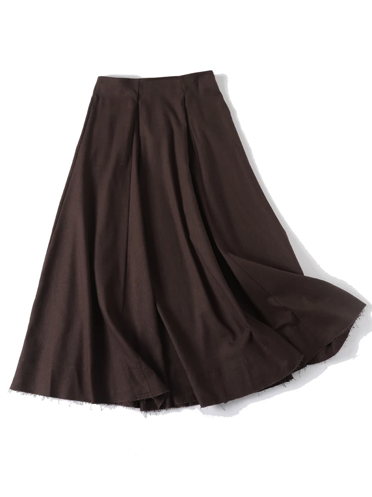 Brown High Waist A-Line Skirt Cotton Linen Women's Midi Skirt Spring 2025 Vintage Style Long Skirt Half Body Skirt