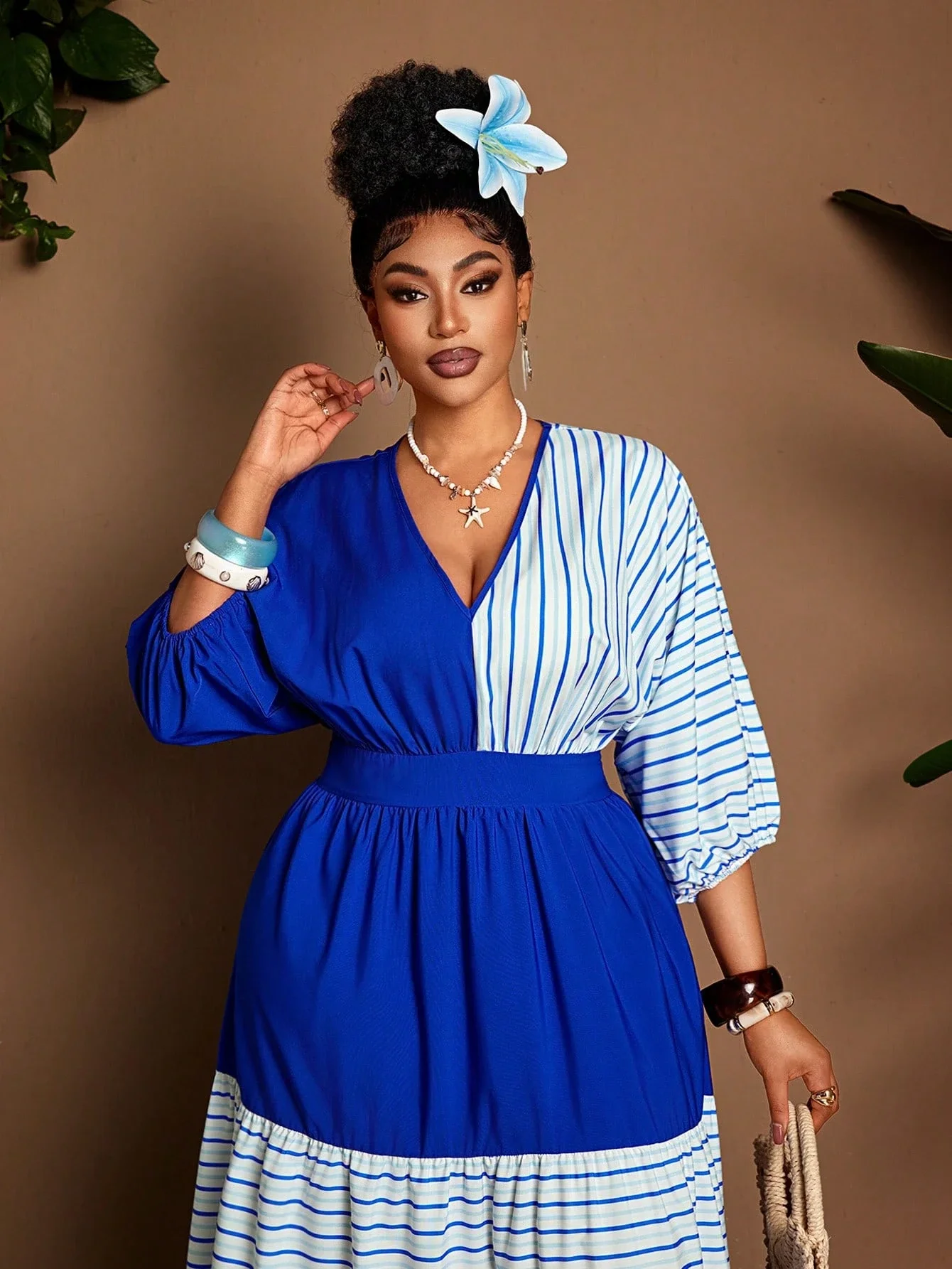 

Платье женское больших размеров, повседневное, в полоску, с цветными блоками и пэчворком, рукав 3/4, многоярусное, с оборками на талии, элегантное, для отпуска