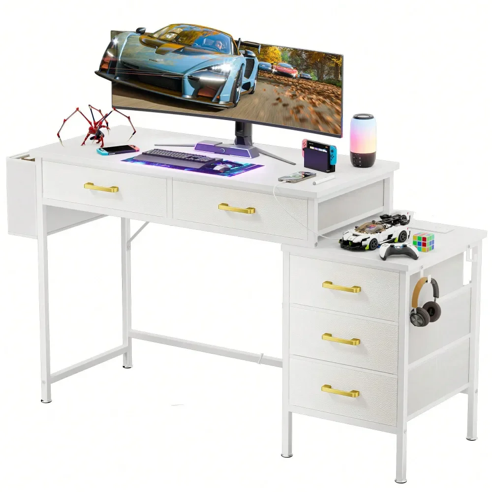 

White Computer Desk With 5 Fabric Drawers Storage Shelves, 50 Inch Study Work Writing Desk For Home Office Bedroom, Modern PC D